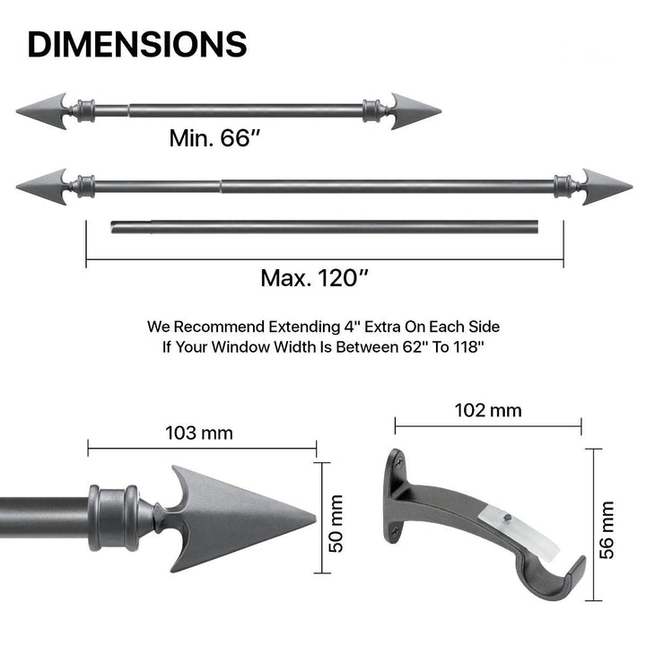 Extendable Charcoal Grey Metal Curtain Pole - Arrow Finial - 36-66", 66-120"