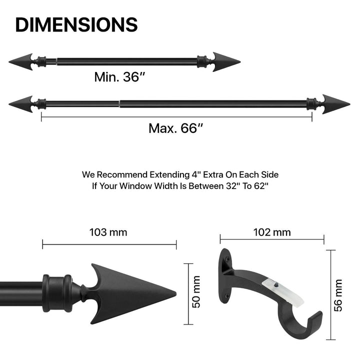 Extendable Black Metal Curtain Pole with Arrow Finial - 36-66" and 66-120" - Rustproof