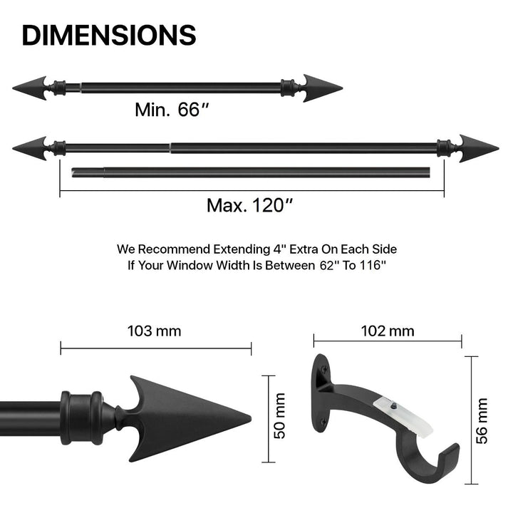 Extendable Black Metal Curtain Pole with Arrow Finial - 36-66" and 66-120" - Rustproof