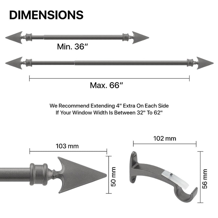 Extendable Charcoal Grey Metal Curtain Pole - Arrow Finial - 36-66", 66-120"