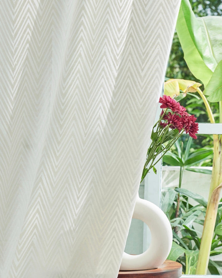 Off-White & Grey Hand Block Printed Linen Curtains | Chevron Pattern