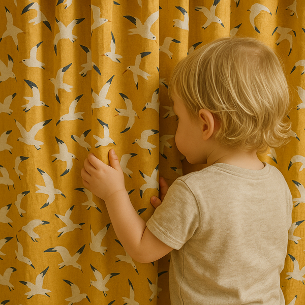 Seagull Flight Cotton Kids Curtains – Mustard Coastal Drapes, Light-Filtering or 100 % Blackout