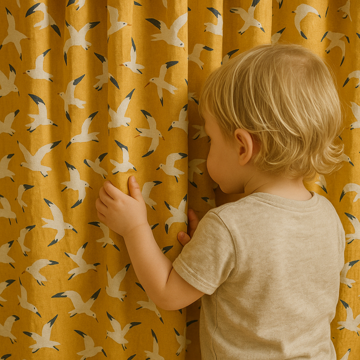 Seagull Flight Cotton Kids Curtains – Mustard Coastal Drapes, Light-Filtering or 100 % Blackout