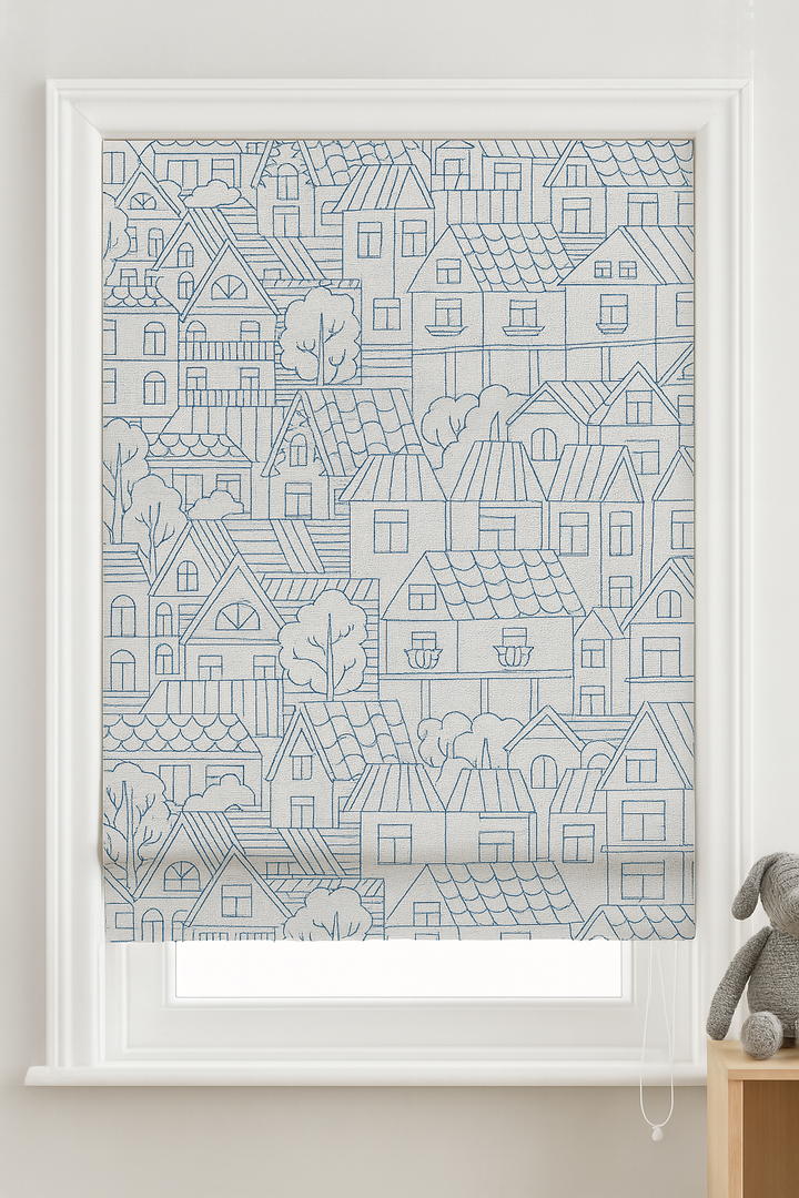Custom Pure Linen Roman Blinds for Kids’ Rooms & Nurseries – Village-Sketch Embroidery in 4 Colorways – Made-to-Measure UK | Blackout or Light-Filtering