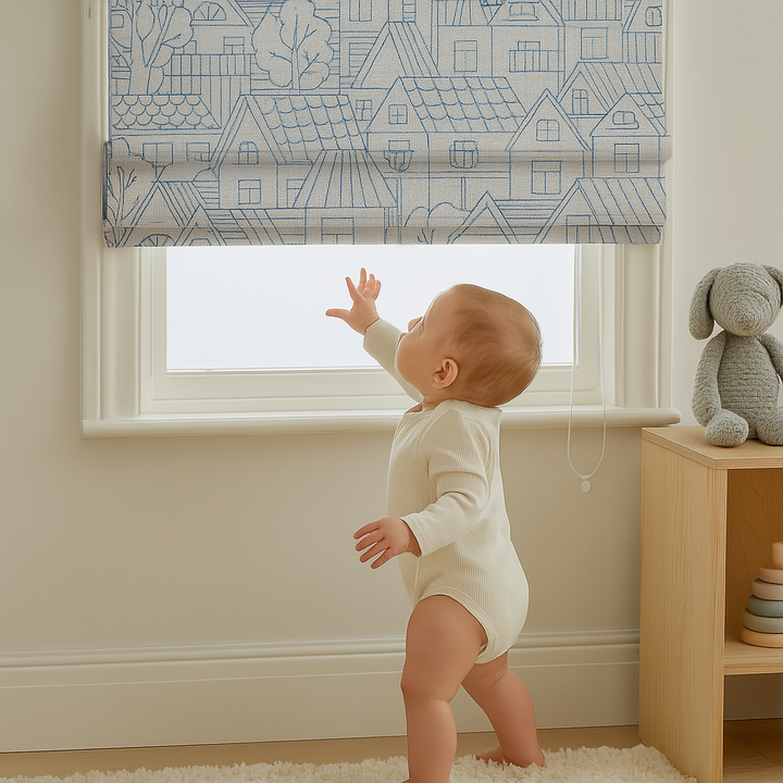 Custom Pure Linen Roman Blinds for Kids’ Rooms & Nurseries – Village-Sketch Embroidery in 4 Colorways – Made-to-Measure UK | Blackout or Light-Filtering