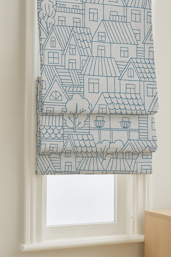 Custom Pure Linen Roman Blinds for Kids’ Rooms & Nurseries – Village-Sketch Embroidery in 4 Colorways – Made-to-Measure UK | Blackout or Light-Filtering