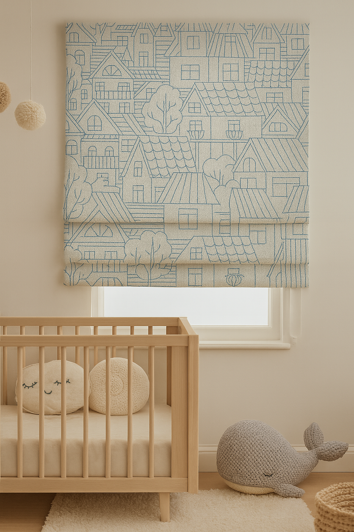 Custom Pure Linen Roman Blinds for Kids’ Rooms & Nurseries – Village-Sketch Embroidery in 4 Colorways – Made-to-Measure UK | Blackout or Light-Filtering