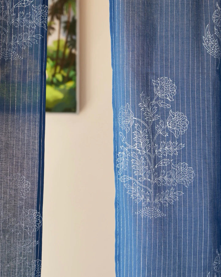 Indigo Hand Block Printed Linen Curtains | Floral & Stripe Design