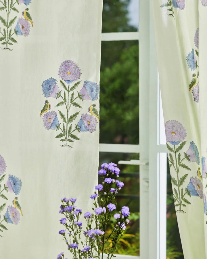 White & Purple Hand Block Printed Linen Curtains | Floral & Bird Design