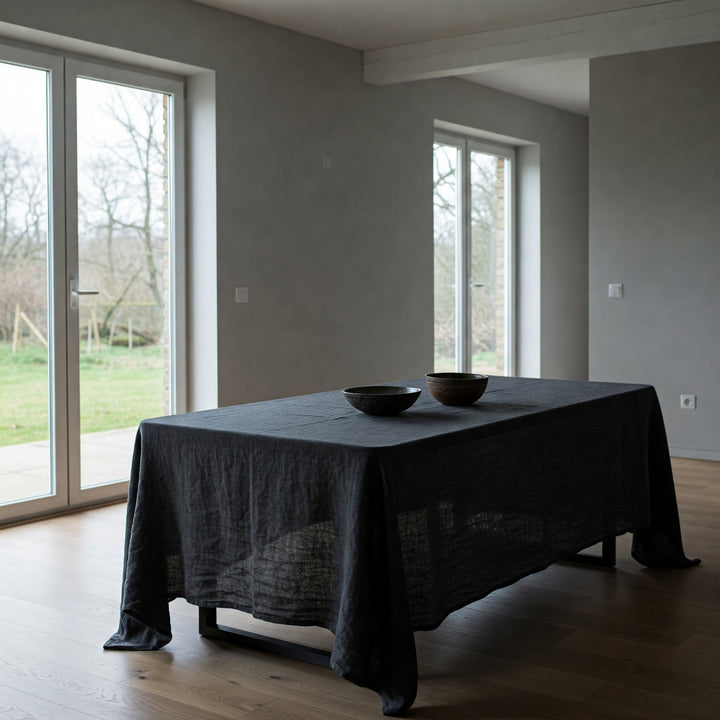 Organic Flax Linen Tablecloth Black - Washed Rustic Table Cover