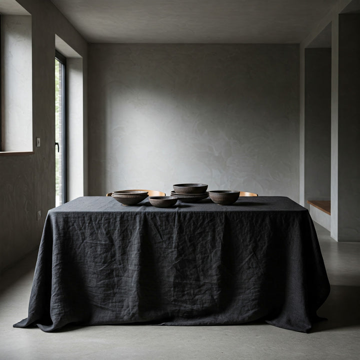 Organic Flax Linen Tablecloth Black - Washed Rustic Table Cover