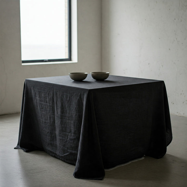 Organic Flax Linen Tablecloth Black - Washed Rustic Table Cover