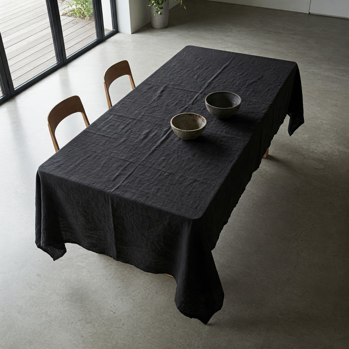 Organic Flax Linen Tablecloth Black - Washed Rustic Table Cover