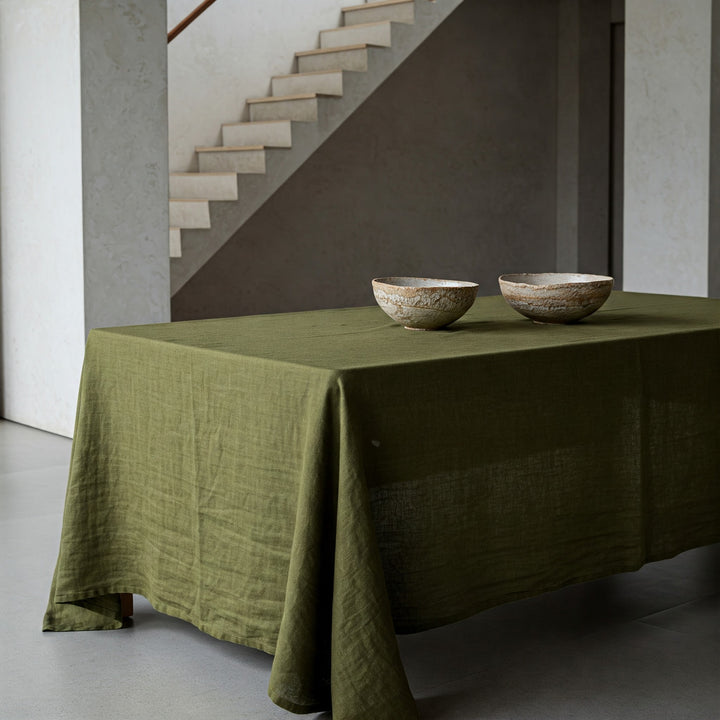 Olive Green Linen Tablecloth - Organic Flax Rustic Table Cover