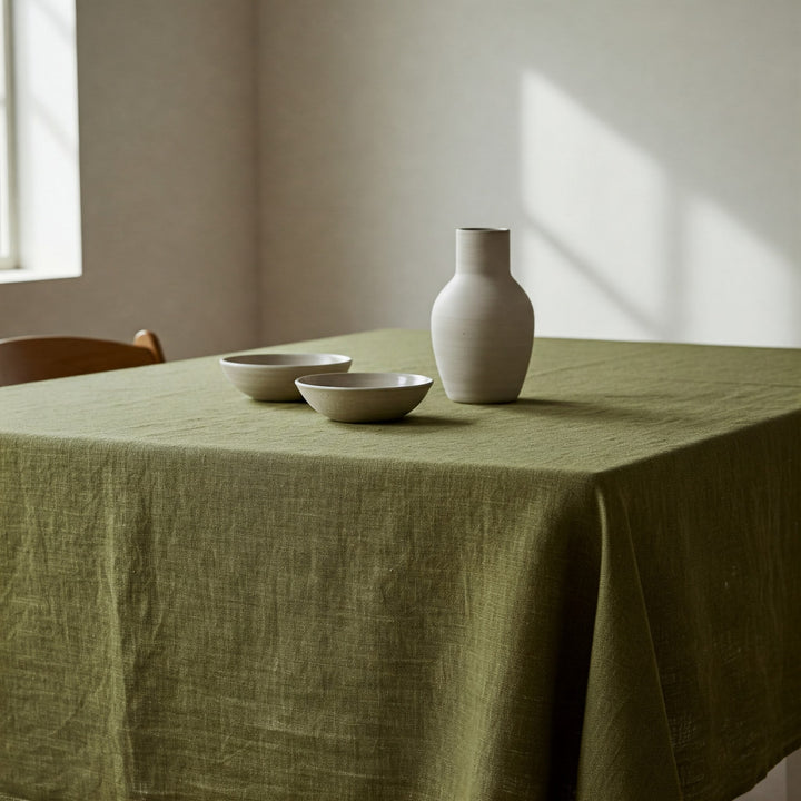 Olive Green Linen Tablecloth - Organic Flax Rustic Table Cover