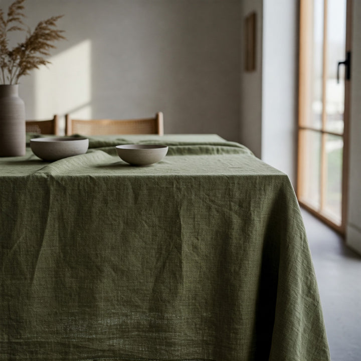 Olive Green Linen Tablecloth - Organic Flax Rustic Table Cover