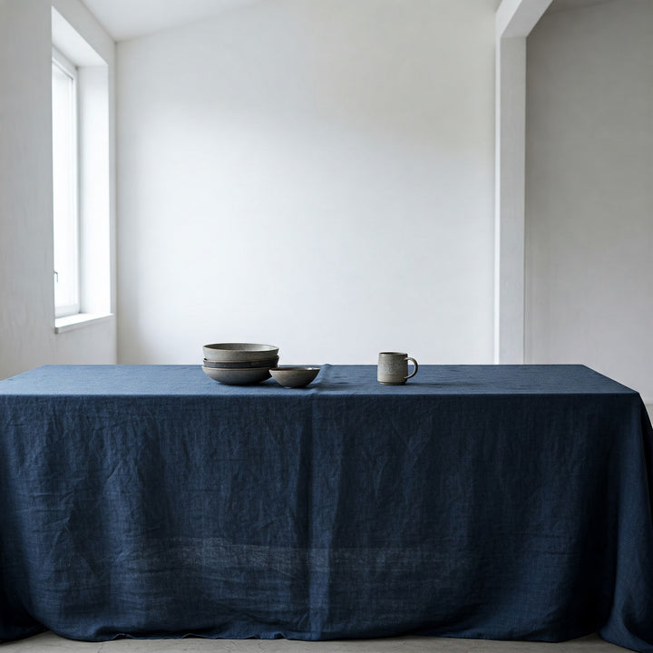 Midnight Blue Linen Tablecloth - Organic Flax Table Cover