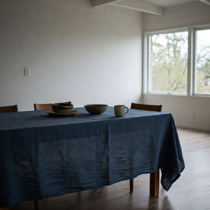 Midnight Blue Linen Tablecloth - Organic Flax Table Cover