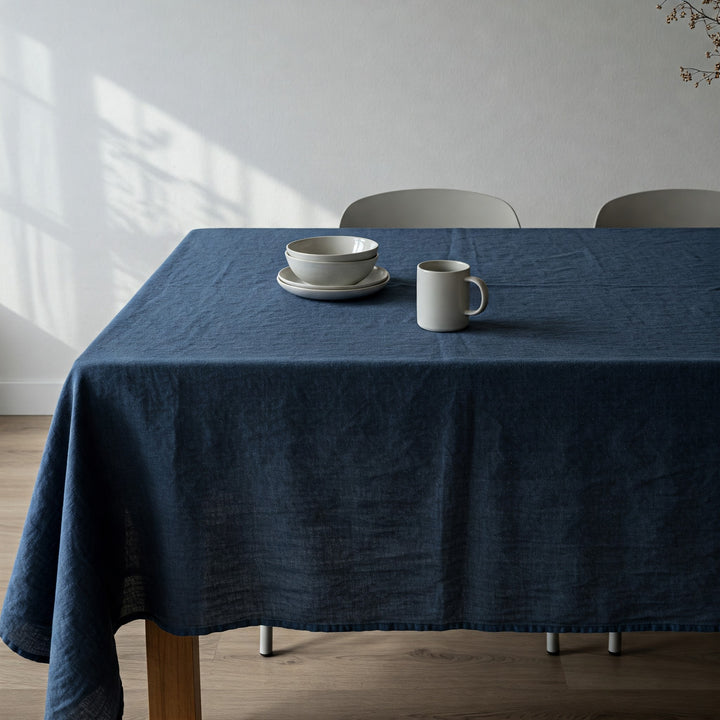 Midnight Blue Linen Tablecloth - Organic Flax Table Cover
