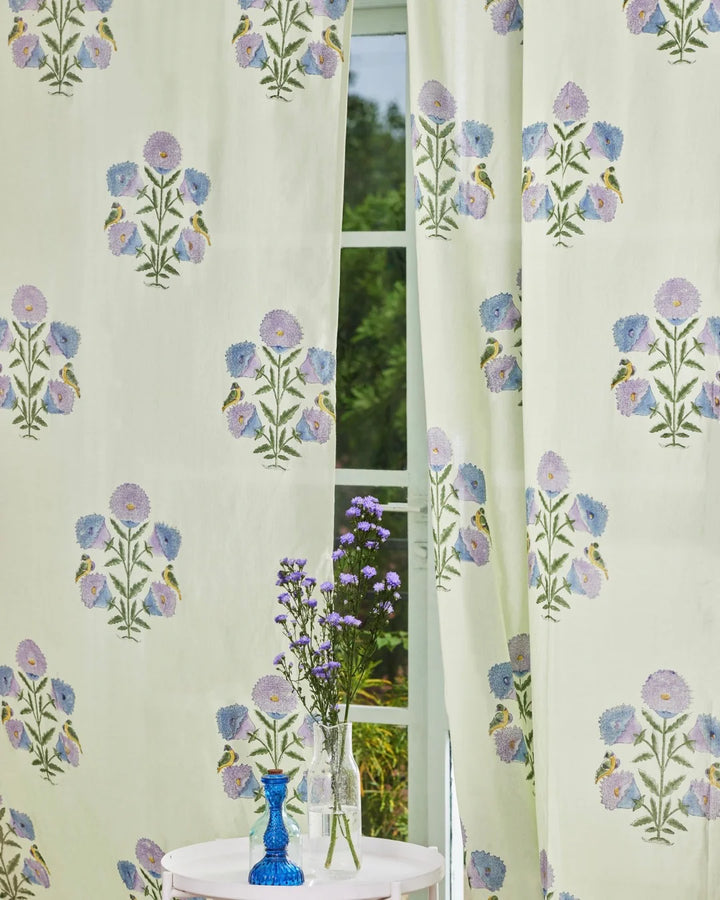 White & Purple Hand Block Printed Linen Curtains | Floral & Bird Design