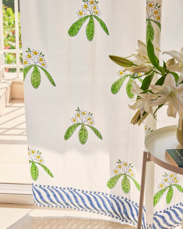 White & Green Hand Block Printed Linen Curtains | Frangipani Design