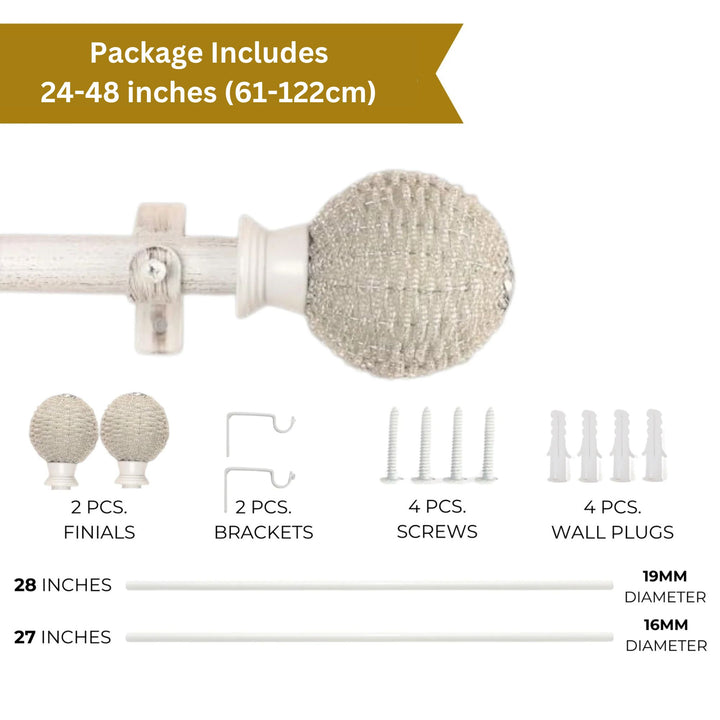 Extendable Curtain Pole White | Rod With Beaded Finials | 61-366cm | All Fittings Included