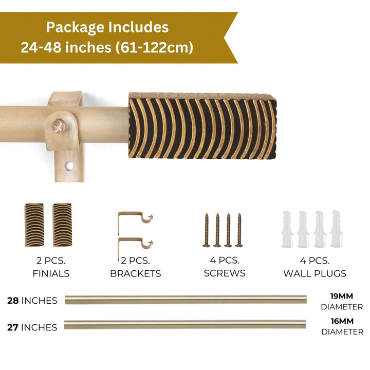 Extendable Curtain Rod Beige with Wooden Finials | 24-144 Inch | Adjustable Pole Set with Brackets, Screws & Plugs | Strong 25kg Capacity