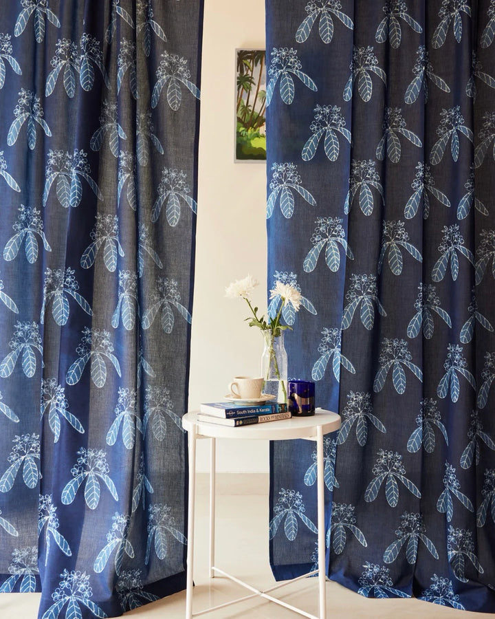 Indigo Blue Hand Block Printed Linen Curtains | Champa Flower Design