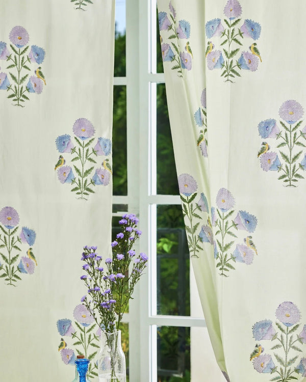 White & Purple Hand Block Printed Linen Curtains | Floral & Bird Design