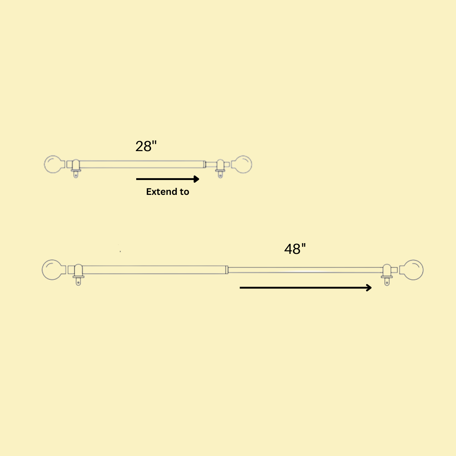 Black Double Curtain Pole Set with Crystal Finials - Extendable, Telescopic, Rustproof - 71-122cm, 122-224cm, 213-366cm