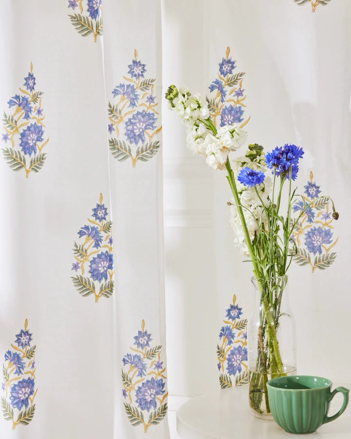 White & Blue Hand Block Printed Linen Curtains | Blue Lotus Design