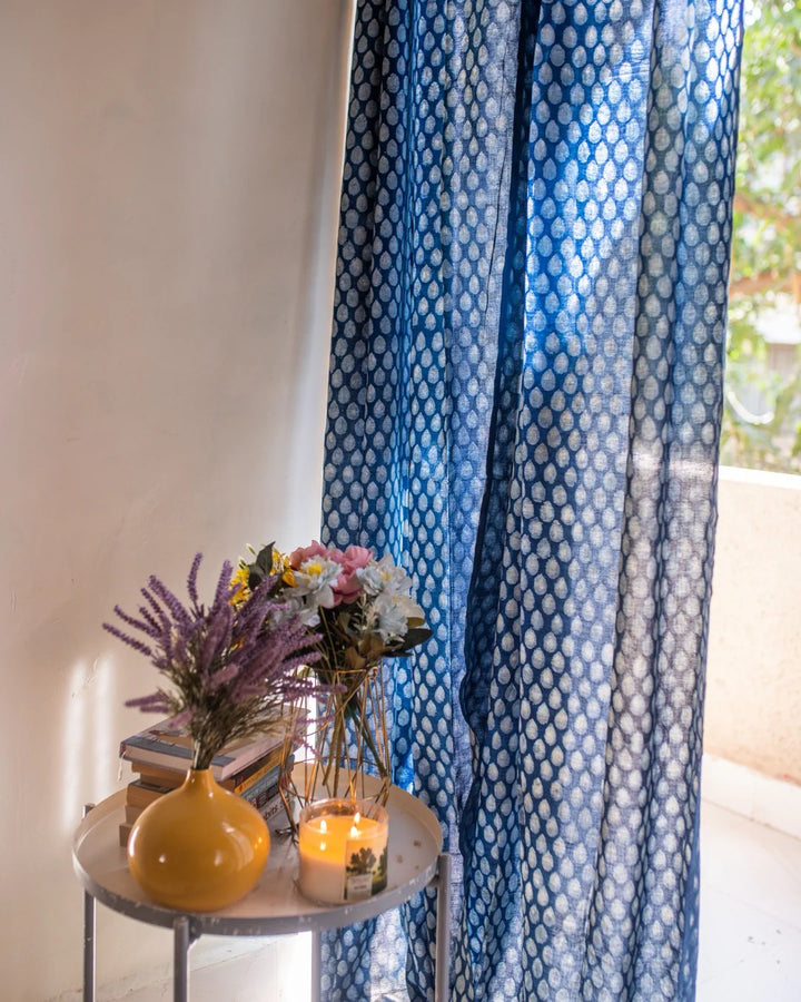 Indigo Blue Hand Block Printed Linen Curtains | Water Droplet Design
