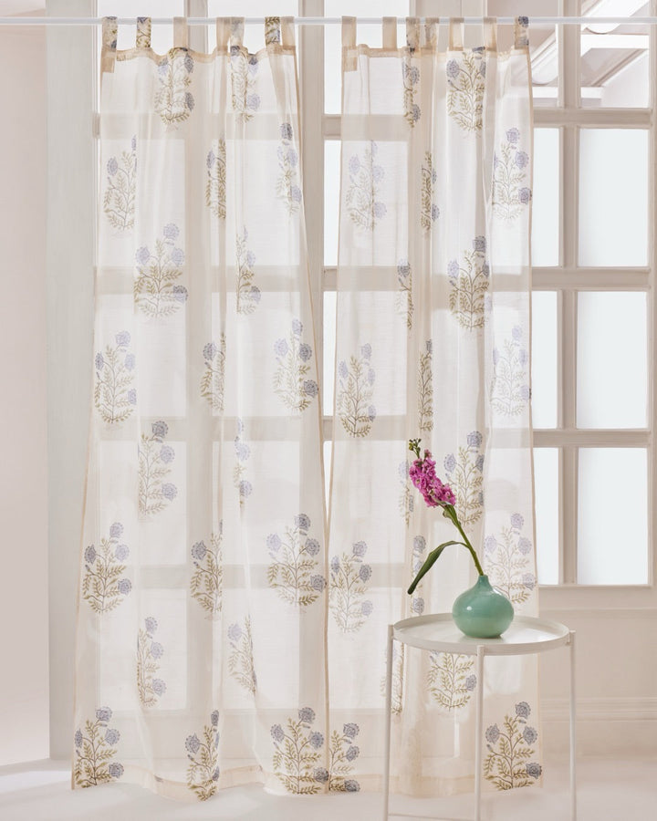 White, Blue & Green Hand Block Printed Linen Curtains | Floral Pattern