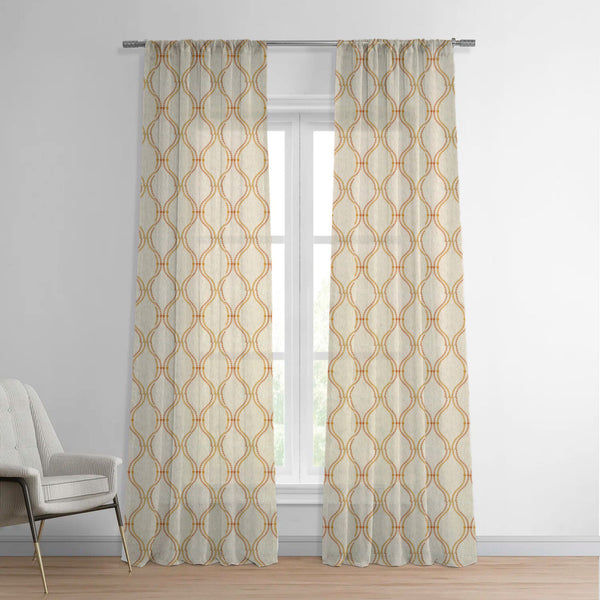 Tan Linen Sheer Curtains | Ogee Trellis Embroidery | Custom Sizes & Headings