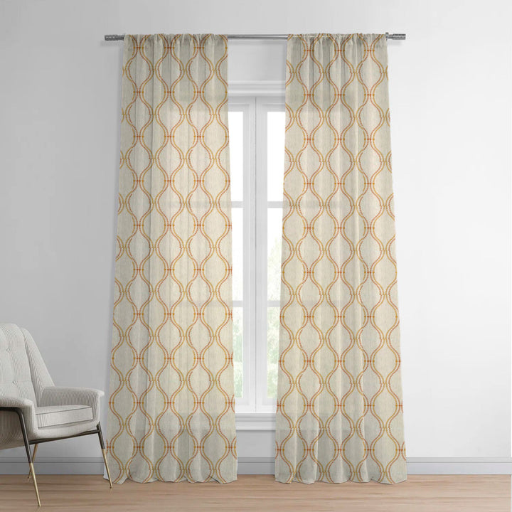 Tan Linen Sheer Curtains | Ogee Trellis Embroidery | Custom Sizes & Headings