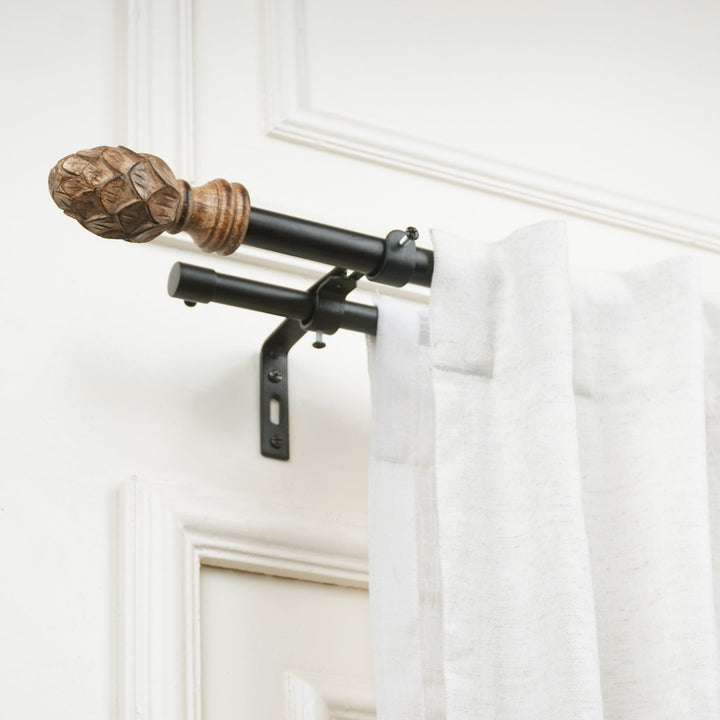 Double Curtain Pole | Black | Extendable & Adjustable | 28-144 Inch | Carved Pineapple Finials