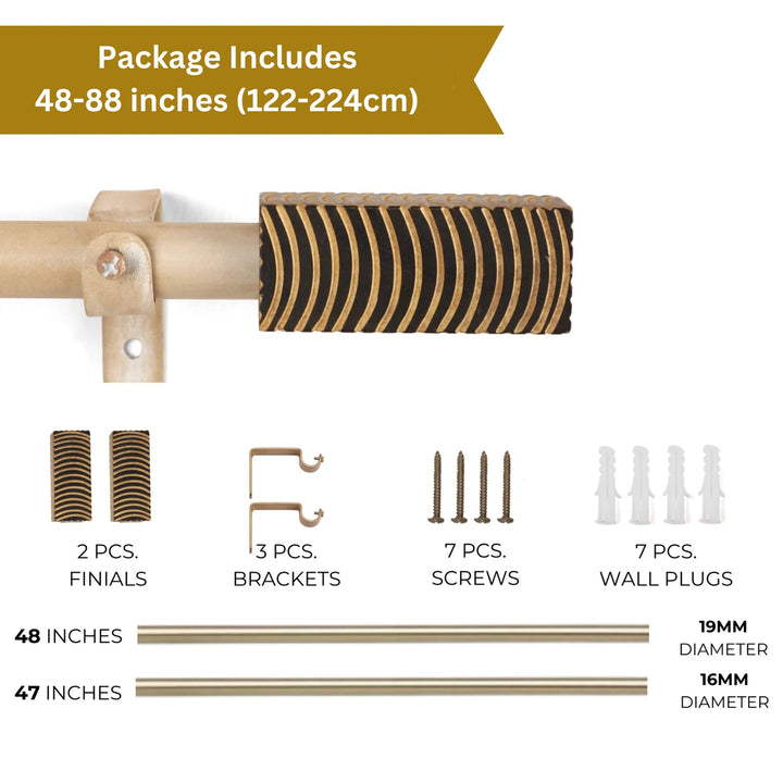 Extendable Curtain Rod Beige with Wooden Finials | 24-144 Inch | Adjustable Pole Set with Brackets, Screws & Plugs | Strong 25kg Capacity 48-88 inches (122-224cm)