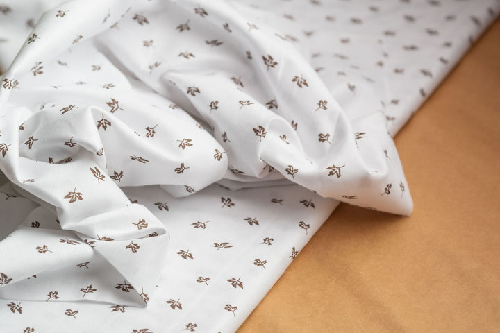 Floral Sprig Hemp Fabric | White & Brown | Organic | 145gsm | 147cm Wide