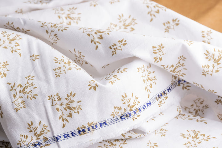 Floral Print Hemp Fabric | White & Brown | Organic | 145gsm | 147cm Wide