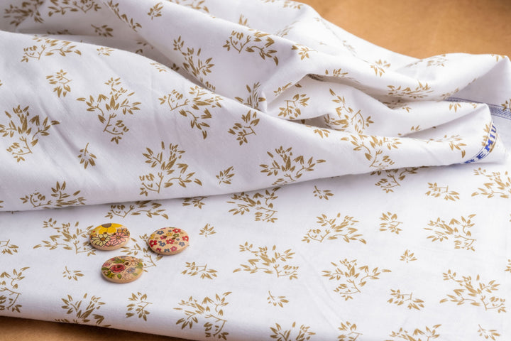 Floral Print Hemp Fabric | White & Brown | Organic | 145gsm | 147cm Wide