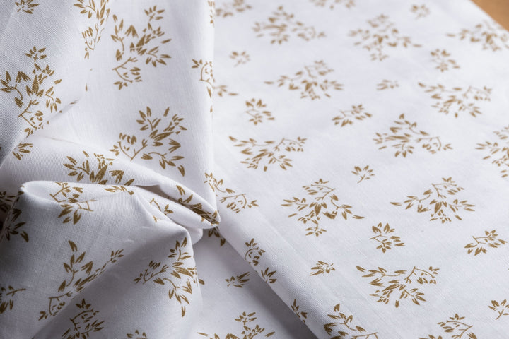 Floral Print Hemp Fabric | White & Brown | Organic | 145gsm | 147cm Wide