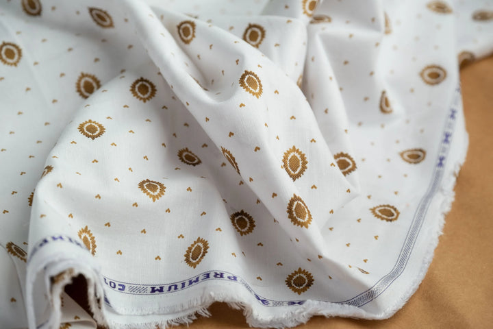 Lantern Print Hemp Fabric | White & Gold | Organic | 145gsm | 147cm Wide
