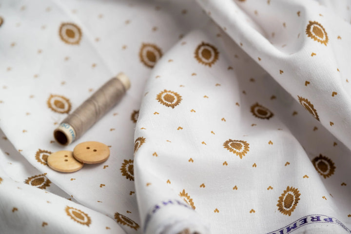 Lantern Print Hemp Fabric | White & Gold | Organic | 145gsm | 147cm Wide
