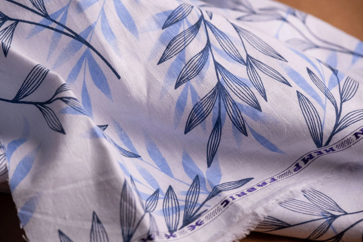 Willow Leaf Print Hemp Fabric | Sky & Navy Blue | Organic | 145gsm | 147cm Wide