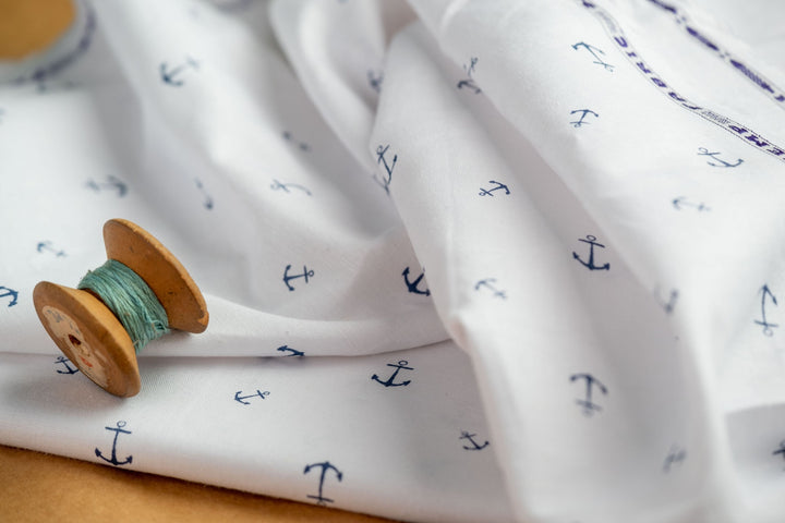 Organic Hemp Fabric - Anchor Print | White & Blue | 145gsm | Soft & Breathable