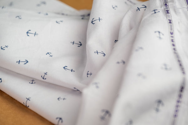 Organic Hemp Fabric - Anchor Print | White & Blue | 145gsm | Soft & Breathable