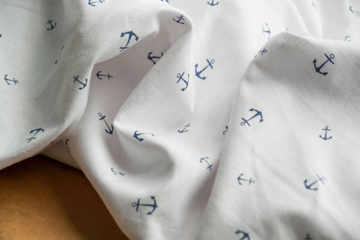 Organic Hemp Fabric - Anchor Print | White & Blue | 145gsm | Soft & Breathable