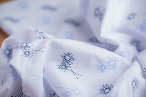 Dandelion Print Hemp Fabric | White & Blue | Organic | 145gsm | 147cm Wide