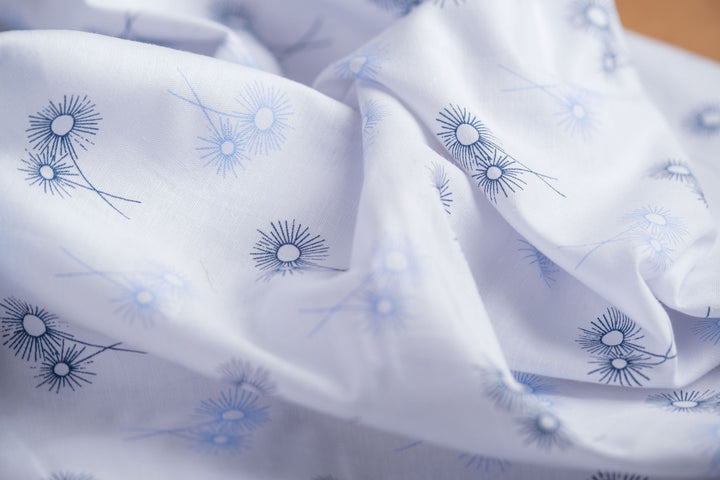 Dandelion Print Hemp Fabric | White & Blue | Organic | 145gsm | 147cm Wide