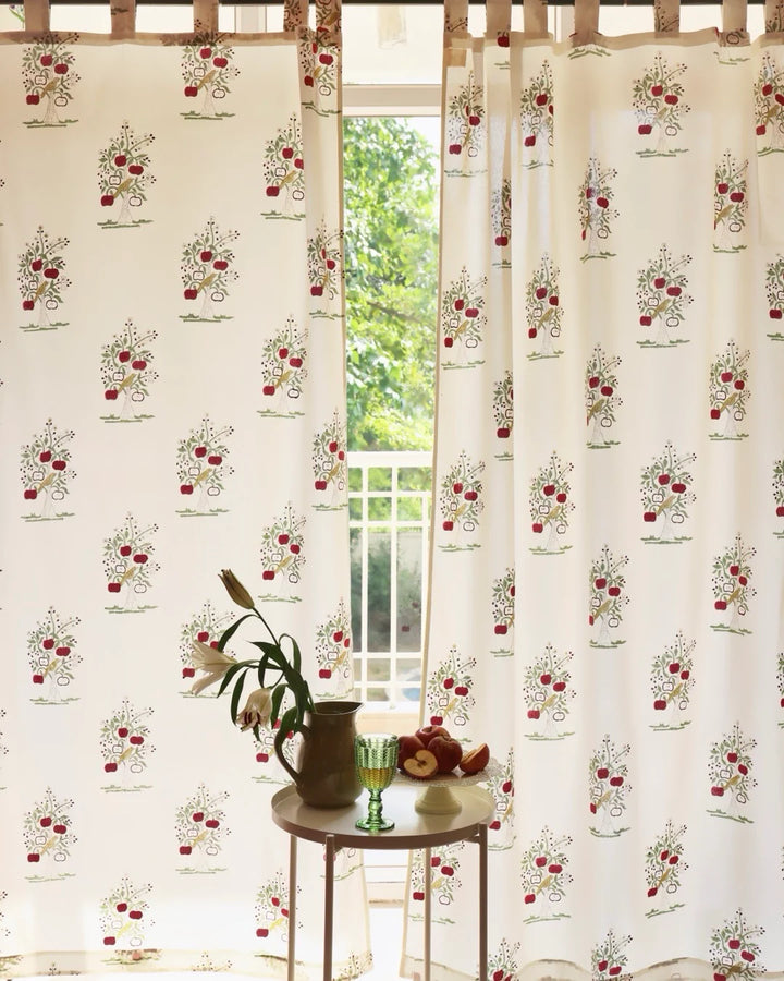Cream & Red Hand Block Printed Linen Curtains | Apple Tree Design